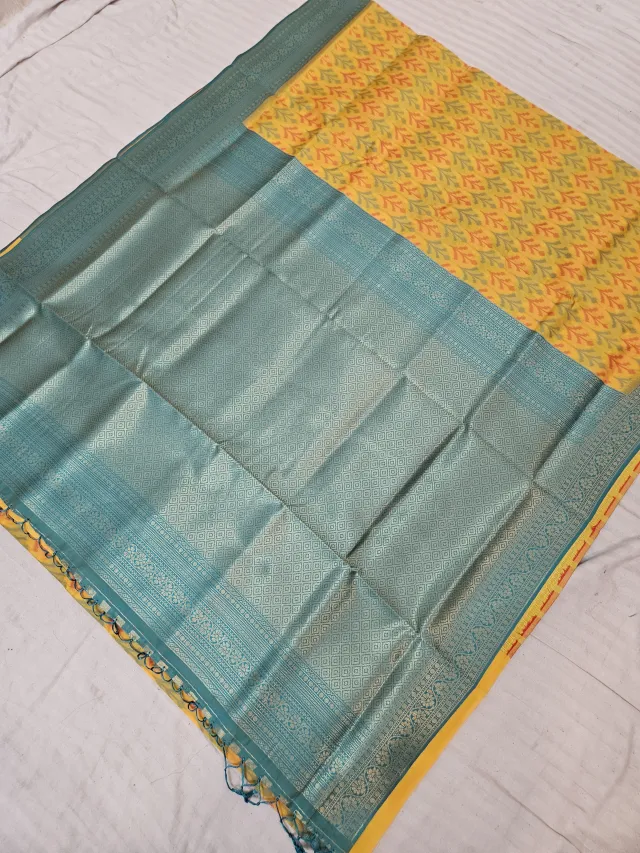 Mustard Yellow Ikkat Kota Soft Silk Saree with Rich Contrast Teal Green Zari Brocade Pallu