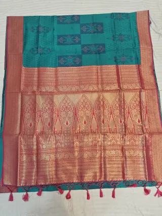 Peacock Teal Soft Silk Saree with Geometric Ikat Motifs & Contrast Red Zari Brocade Pallu