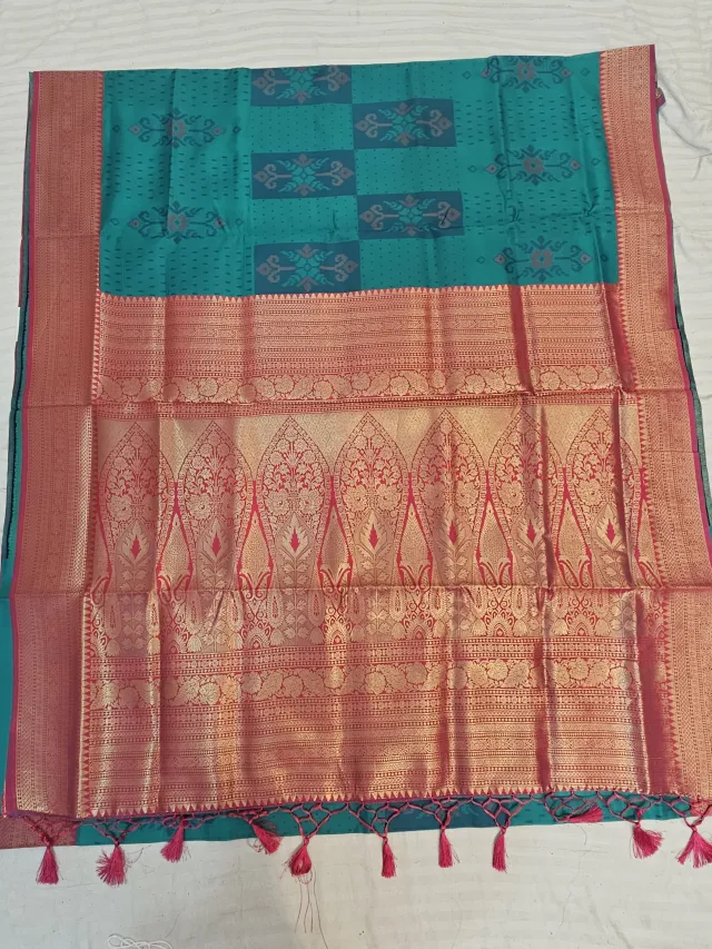 Peacock Teal Soft Silk Saree with Geometric Ikat Motifs & Contrast Red Zari Brocade Pallu