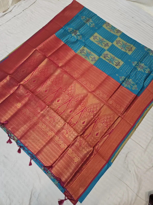 Sky Blue Soft Silk Saree with Geometric Check Ikat Blocks & Contrast Red Zari Brocade Pallu