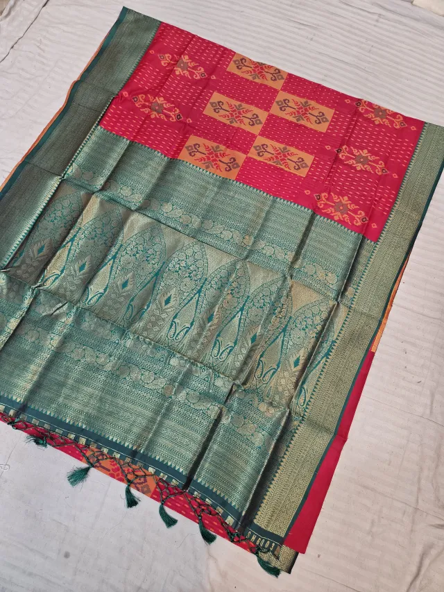 Rani Pink Soft Silk Saree with Geometric Ikat Motifs & Contrast Bottle Green Zari Brocade Pallu