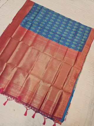 Peacock Blue Ikkat Kota Soft Silk Saree with Rich Contrast Red Zari Brocade Pallu