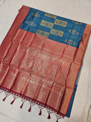 Peacock Teal Blue Soft Silk Saree with Geometric Ikat Motifs & Contrast Red Zari Brocade Pallu