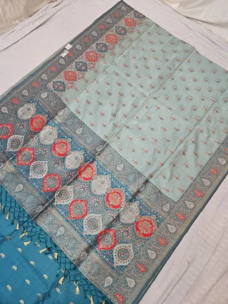 Steel Blue and Peacock Teal Contrast Floral Medallion Masakali Soft Silk Saree