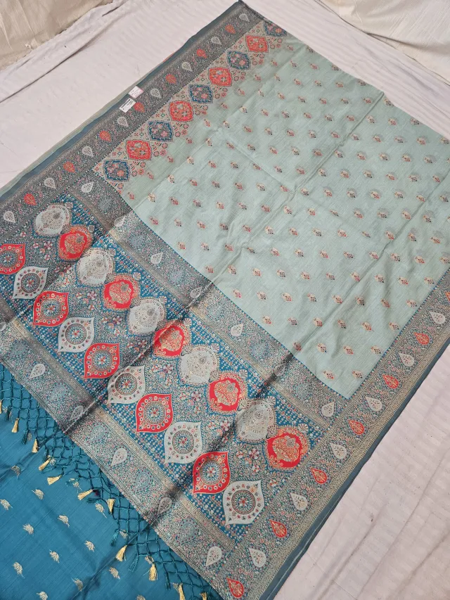 Steel Blue and Peacock Teal Contrast Floral Medallion Masakali Soft Silk Saree