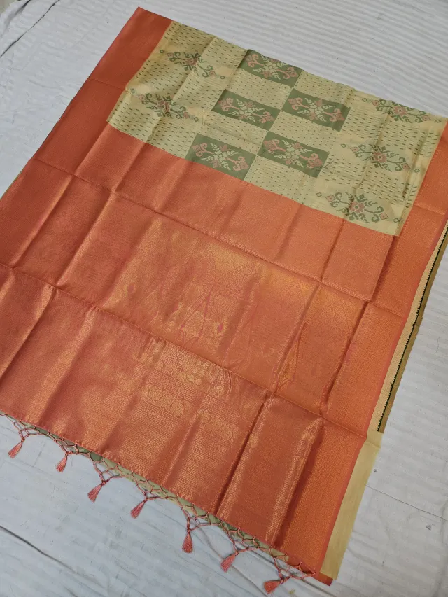 Cream Beige Ikkat Kota Soft Silk Saree with Geometric Blocks & Contrast Rust Orange Zari Pallu