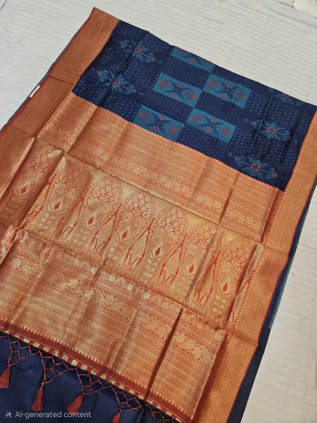 Navy Blue Ikkat Kota Soft Silk Saree with Geometric Blocks & Contrast Rust Orange Zari Pallu