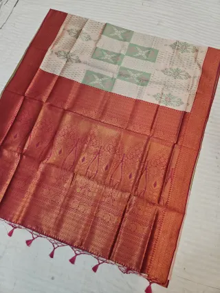 Off-White Ikkat Kota Soft Silk Saree with Geometric Blocks & Contrast Red Zari Brocade Pallu