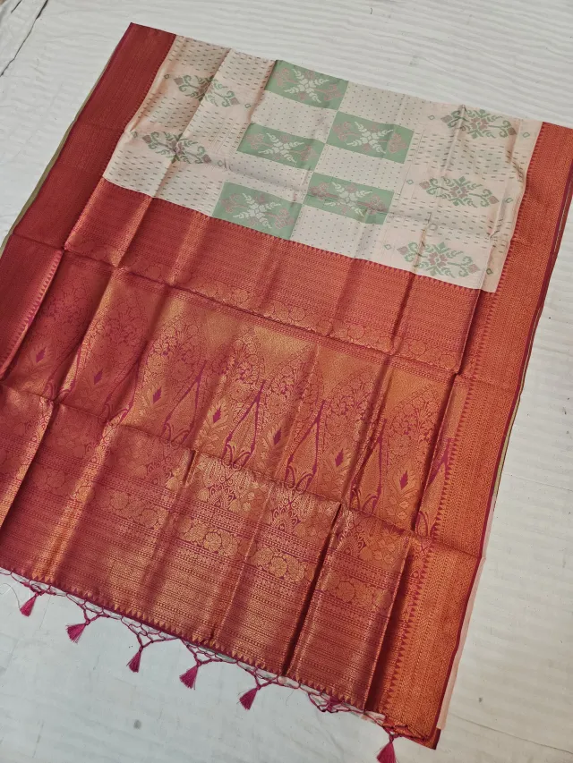 Off-White Ikkat Kota Soft Silk Saree with Geometric Blocks & Contrast Red Zari Brocade Pallu