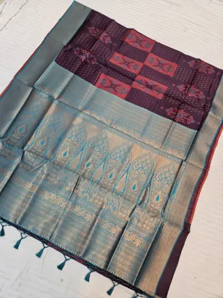 Wine Purple Ikkat Kota Soft Silk Saree with Geometric Blocks & Contrast Sea-Green Zari Pallu