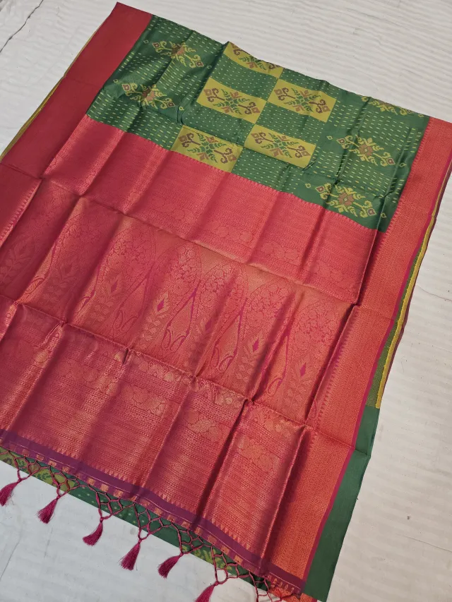 Emerald Green Ikkat Kota Soft Silk Saree with Geometric Blocks & Contrast Red Zari Brocade Pallu