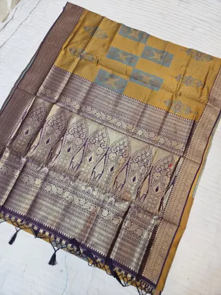 Mustard Gold Ikkat Kota Soft Silk Saree with Geometric Blocks & Contrast Plum Purple Zari Brocade Pallu