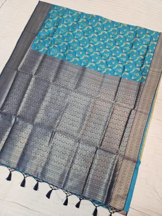 Cyan Blue Soft Silk Saree with All-Over Paisley Zari Motifs & Contrast Navy Blue Zari Brocade Pallu