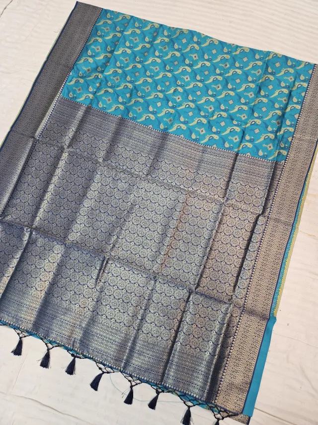 Cyan Blue Soft Silk Saree with All-Over Paisley Zari Motifs & Contrast Navy Blue Zari Brocade Pallu