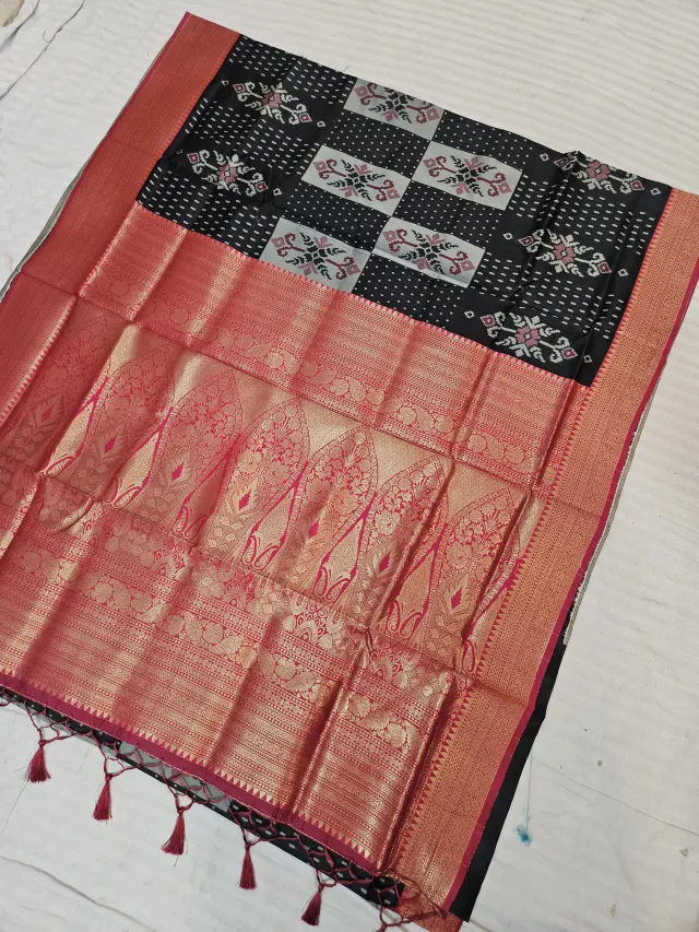 Jet Black Soft Silk Saree with Geometric Ikat Motifs & Contrast Red Zari Brocade Pallu