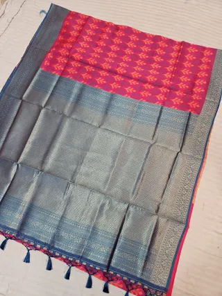 Raspberry Pink Ikkat Kota Soft Silk Saree with Rich Contrast Teal Blue Zari Brocade Pallu