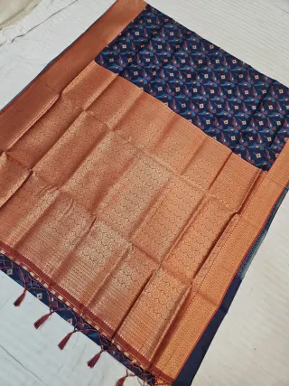 Navy Blue Ikkat Kota Soft Silk Saree with Patola Floral Motifs & Contrast Rust Orange Zari Brocade Pallu