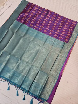 Magenta Purple Ikkat Kota Soft Silk Saree with Rich Contrast Sea-Green Zari Brocade Pallu
