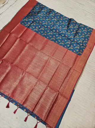 Teal Blue Ikkat Kota Soft Silk Saree with Paisley Motifs & Contrast Red Zari Brocade Pallu