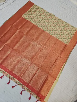 Ivory Cream Ikkat Kota Soft Silk Saree with Paisley Motifs & Contrast Rust Orange Zari Brocade Pallu