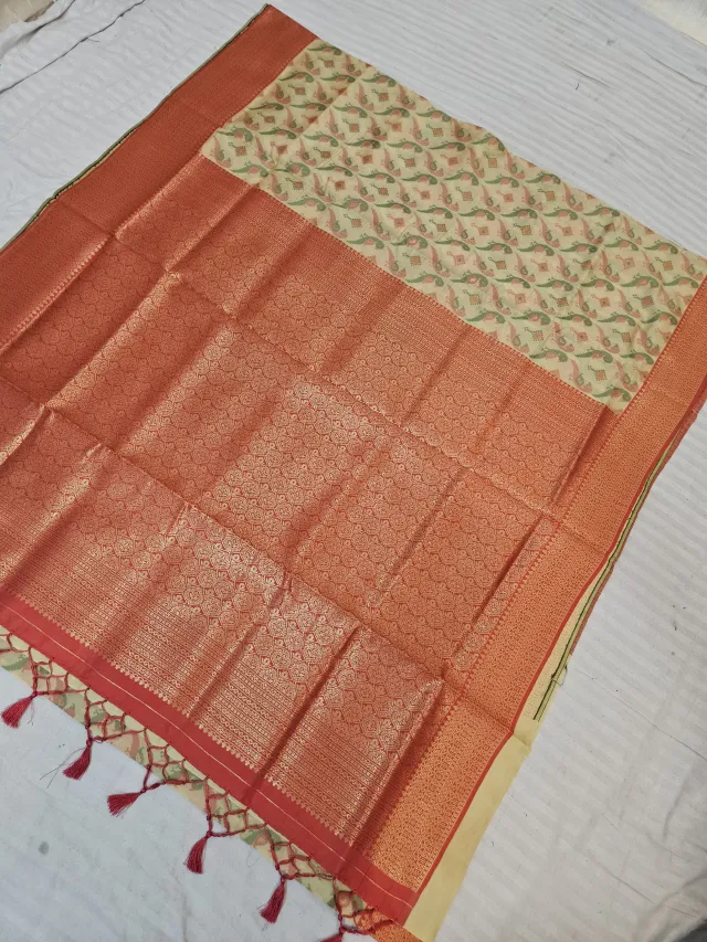 Ivory Cream Ikkat Kota Soft Silk Saree with Paisley Motifs & Contrast Rust Orange Zari Brocade Pallu