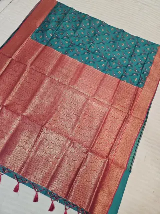 Sea Green Ikkat Kota Soft Silk Saree with Floral Jaal & Contrast Red Zari Brocade Pallu
