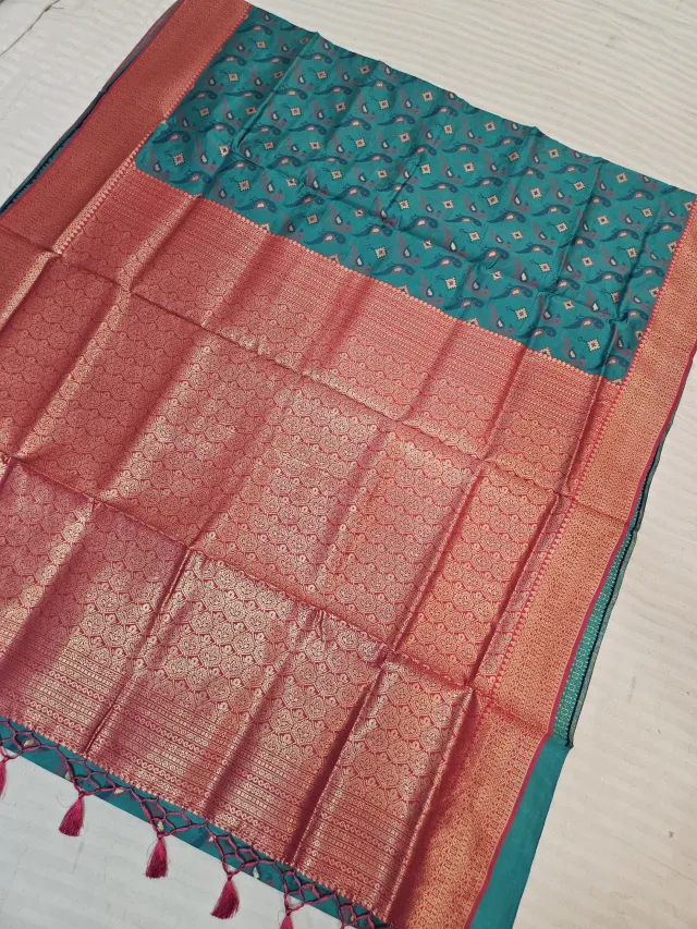 Sea Green Ikkat Kota Soft Silk Saree with Floral Jaal & Contrast Red Zari Brocade Pallu