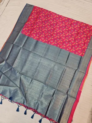 Raspberry Pink Ikkat Kota Soft Silk Saree with Paisley Motifs & Contrast Teal Zari Brocade Pallu