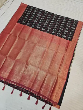 Jet Black Ikkat Kota Soft Silk Saree with Rich Contrast Red Zari Brocade Pallu