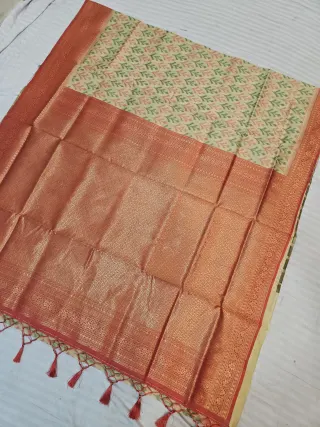 Cream Beige Ikkat Kota Soft Silk Saree with Rich Contrast Rust Orange Zari Brocade Pallu