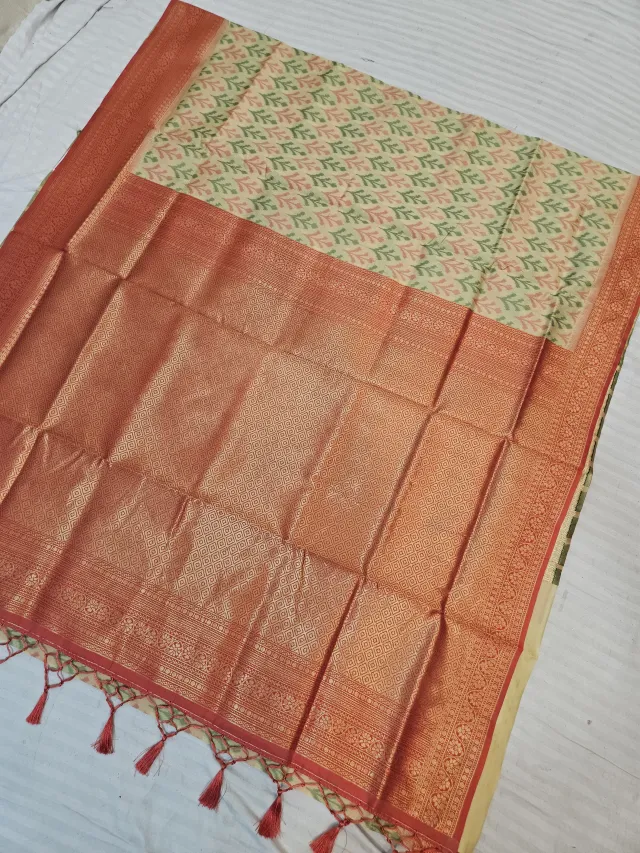 Cream Beige Ikkat Kota Soft Silk Saree with Rich Contrast Rust Orange Zari Brocade Pallu