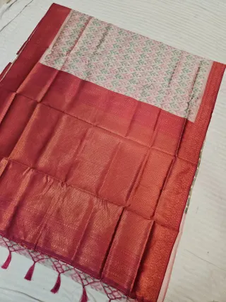 Off-White Ikkat Kota Soft Silk Saree with Rich Contrast Red Zari Brocade Pallu