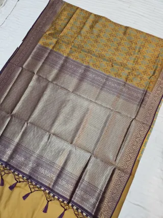 Mustard Gold Ikkat Kota Soft Silk Saree with Rich Contrast Plum Purple Zari Brocade Pallu