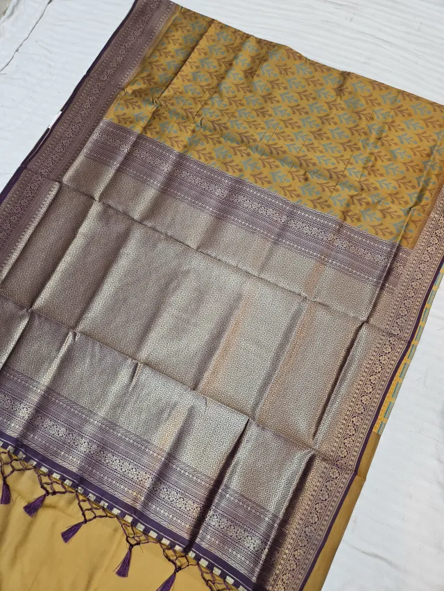 Mustard Gold Ikkat Kota Soft Silk Saree with Rich Contrast Plum Purple Zari Brocade Pallu