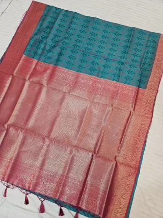 Teal Blue Ikkat Kota Soft Silk Saree with Rich Contrast Red Zari Brocade Pallu