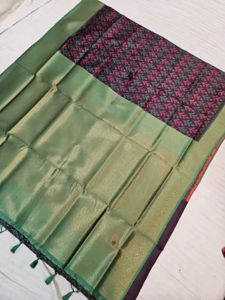Wine Plum Ikkat Kota Soft Silk Saree with Rich Contrast Green Zari Brocade Pallu