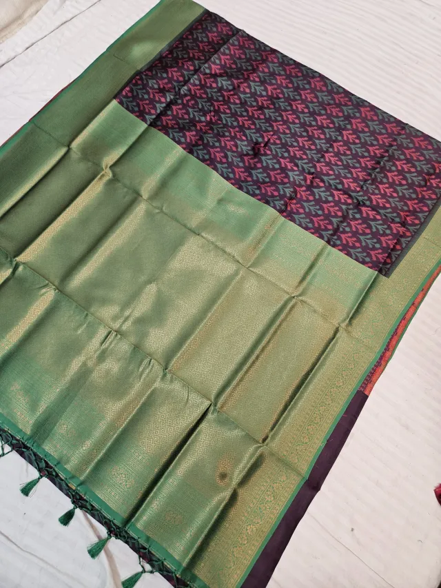 Wine Plum Ikkat Kota Soft Silk Saree with Rich Contrast Green Zari Brocade Pallu