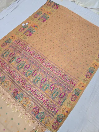 Peach Pictorial Temple Motif and Paisley Kalka Kashat Soft Silk Saree