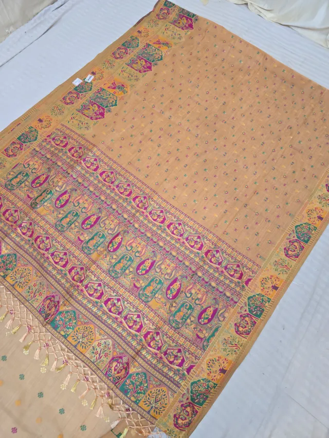 Peach Pictorial Temple Motif and Paisley Kalka Kashat Soft Silk Saree