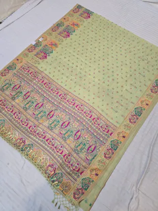 Pista Green Pictorial Temple Motif and Paisley Kalka Kashat Soft Silk Saree