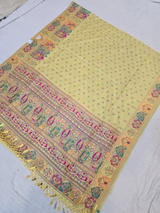 Light Yellow Pictorial Temple Motif and Paisley Kalka Kashat Soft Silk Saree
