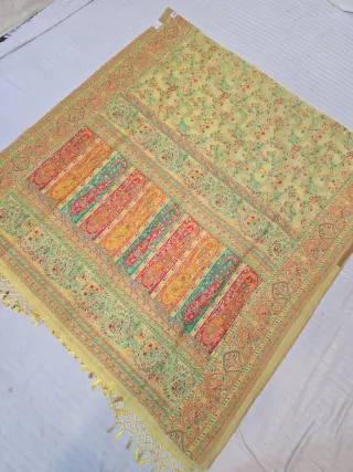 Light Yellow Diagonal Paisley Kalka Tapestry and Floral Jaal Kashat Soft Silk Saree