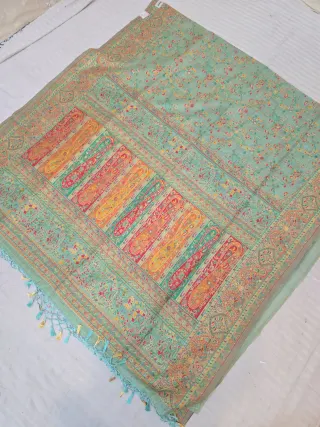 Sea Green Diagonal Paisley Kalka Tapestry and Floral Jaal Kashat Soft Silk Saree