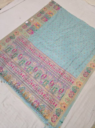 Sky Blue Pictorial Temple Motif and Paisley Kalka Kashat Soft Silk Saree