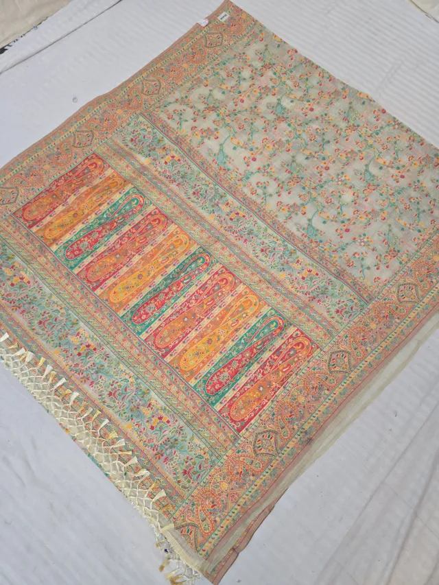 Soft Beige Diagonal Paisley Kalka Tapestry and Floral Jaal Kashat Soft Silk Saree