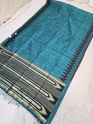 Peacock Blue Replica Matka Art Silk Saree with Black Temple Border & Zari Pallu