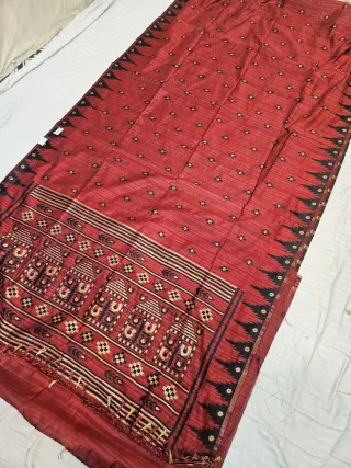 Crimson Red Replica Matka Art Silk Saree with Elephant Motif Pallu & Black Temple Border