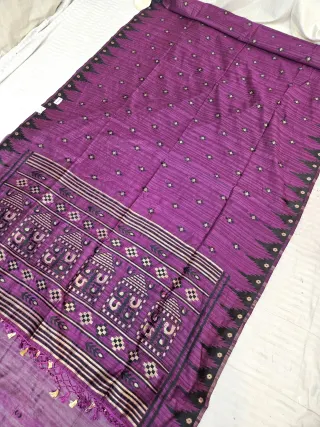 Plum Purple Replica Matka Art Silk Saree with Elephant Motif Pallu & Black Temple Border