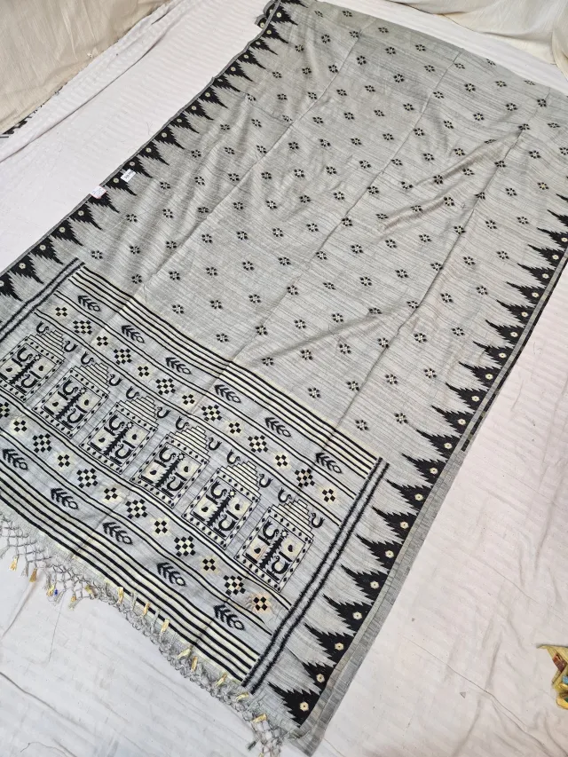 Silver Grey Replica Matka Art Silk Saree with Elephant Motif Pallu & Black Temple Border
