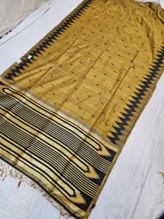 Mustard Yellow Replica Matka Art Silk Saree with Black Temple Border & Zari Pallu